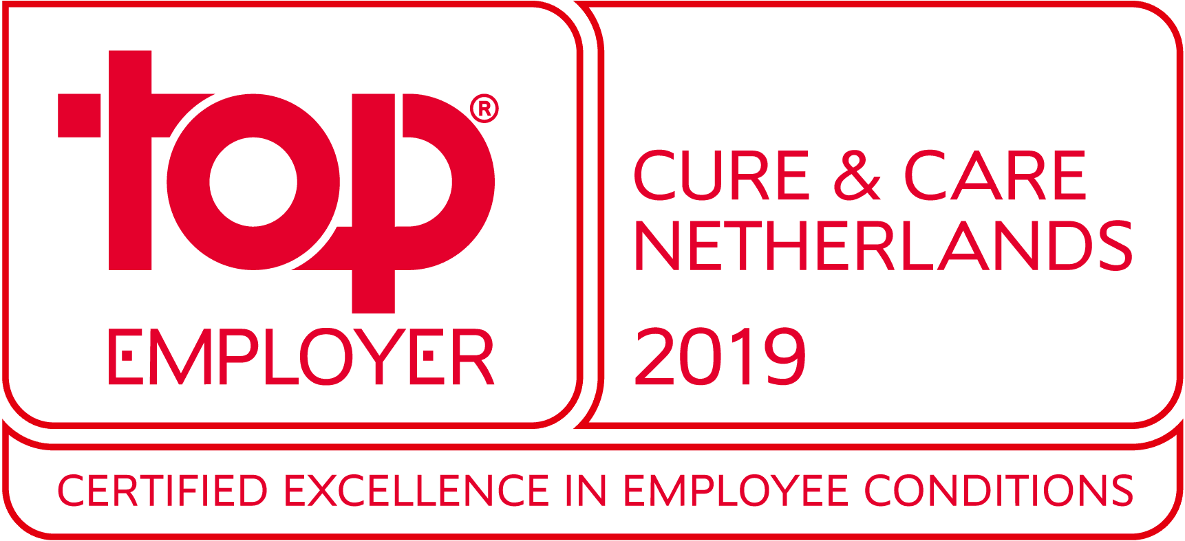 Logo Top Employer: Cure & Care Netherlands 2019. Certified Excellence in employee conditions